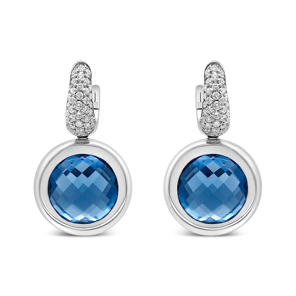 18k white gold 11mm blue topaz and 1/2 cttw diamond dangle earrings bijoux-nyc direct