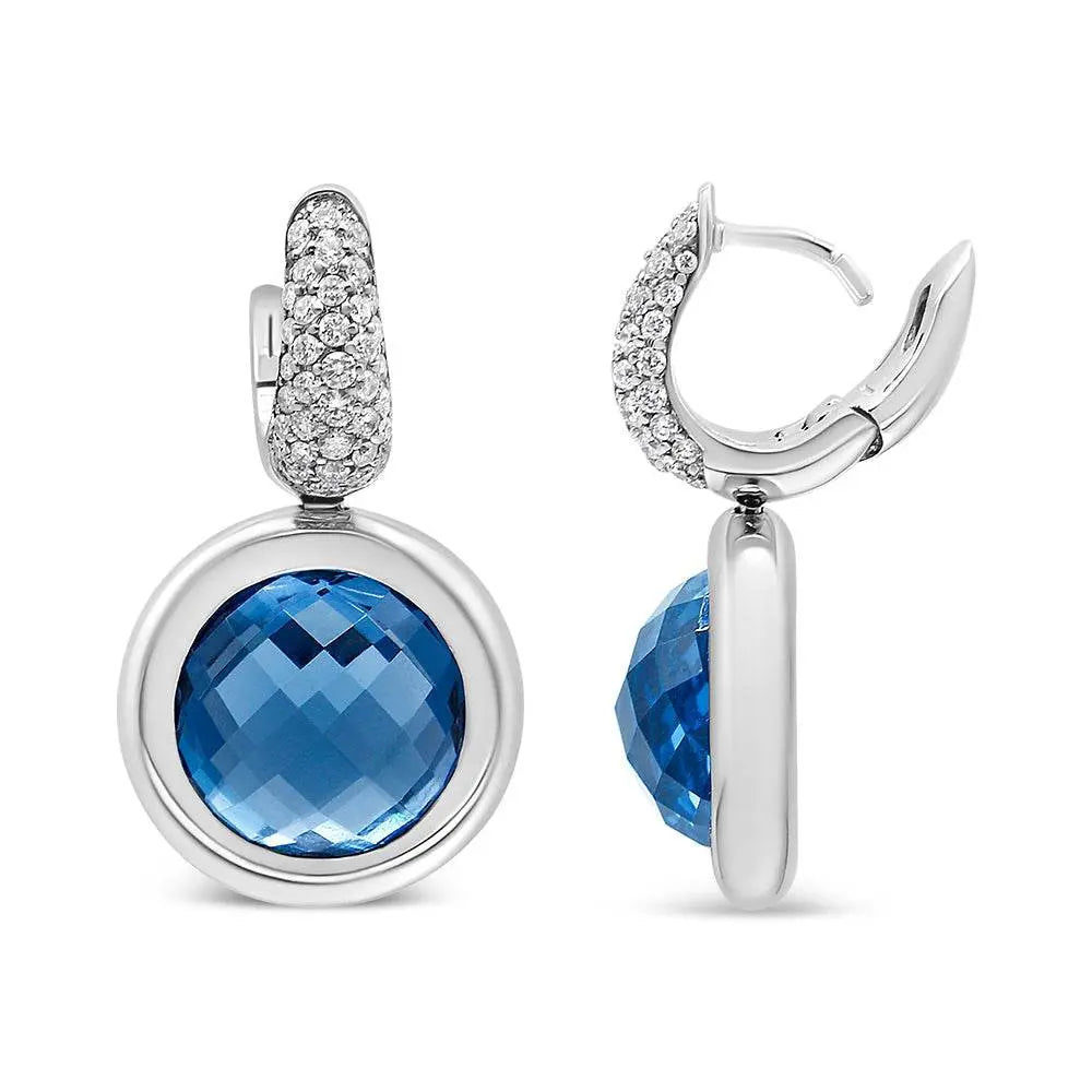 18K White Gold Bezel Set 11mm Blue Topaz and 1/2 Cttw Invisible Set Diamond Bale Dangle Earrings (F-G Color, VS1-VS2 Clarity) - Bijoux-NYC Direct