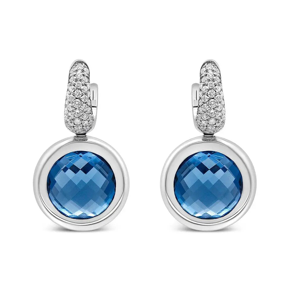 18K White Gold Bezel Set 11mm Blue Topaz and 1/2 Cttw Invisible Set Diamond Bale Dangle Earrings (F-G Color, VS1-VS2 Clarity) - Bijoux-NYC Direct