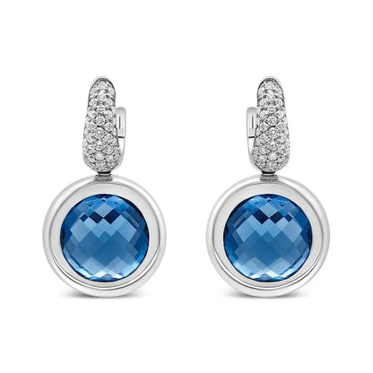 18K White Gold Bezel Set 11mm Blue Topaz and 1/2 Cttw Invisible Set Diamond Bale Dangle Earrings (F-G Color, VS1-VS2 Clarity) - Bijoux-NYC Direct