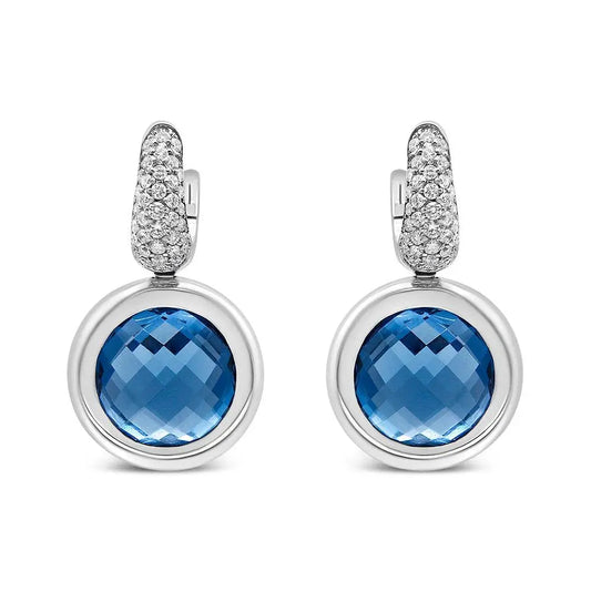 18K White Gold Bezel Set 11mm Blue Topaz and 1/2 Cttw Invisible Set Diamond Bale Dangle Earrings (F-G Color, VS1-VS2 Clarity) - Bijoux-NYC Direct