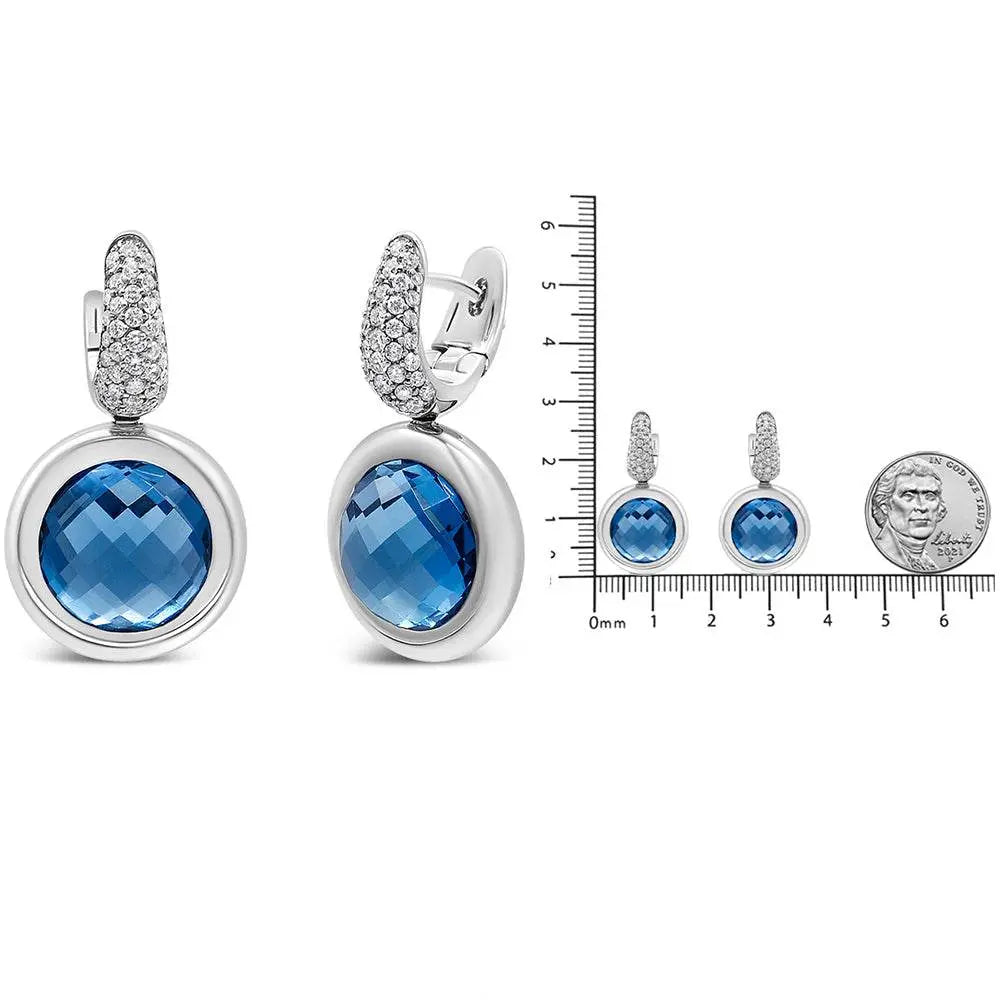 18K White Gold Bezel Set 11mm Blue Topaz and 1/2 Cttw Invisible Set Diamond Bale Dangle Earrings (F-G Color, VS1-VS2 Clarity) - Bijoux-NYC Direct