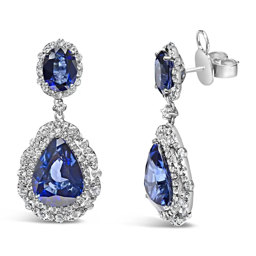 18k white gold blue sapphire and 2.75ctw diamond halo pear drop earrings bijoux-nyc direct