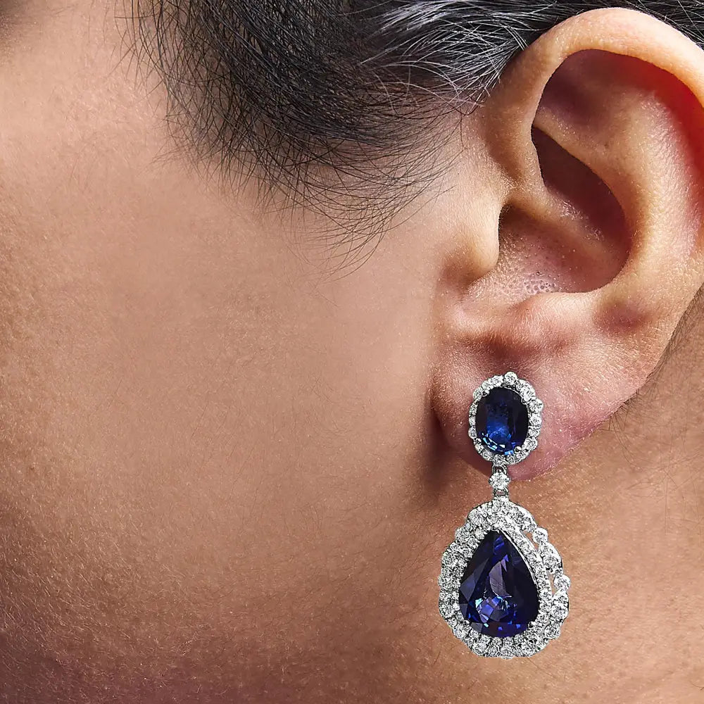 18k white gold blue sapphire and 2.75ctw diamond halo pear drop earrings bijoux-nyc direct