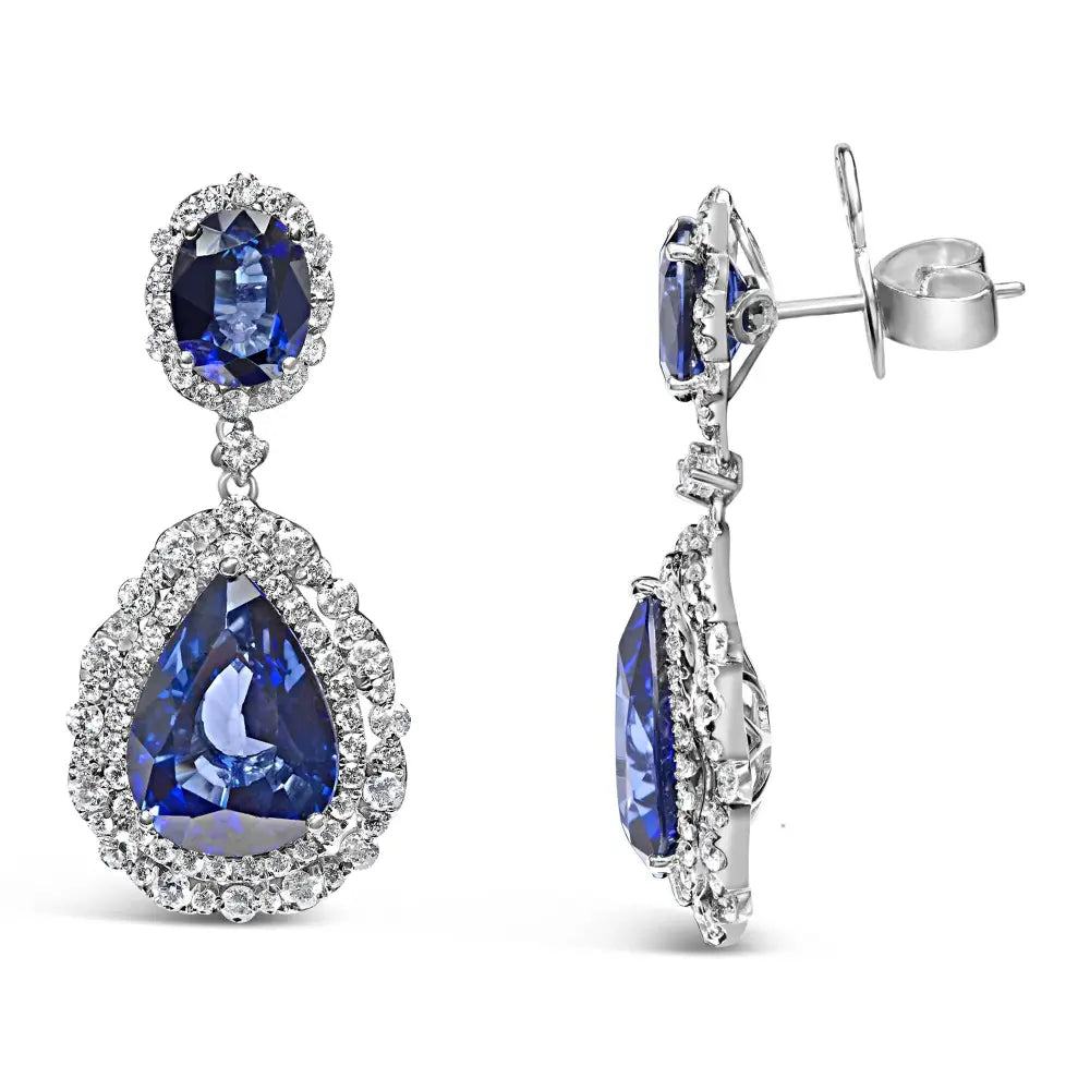 18k white gold blue sapphire and 2.75ctw diamond halo pear drop earrings bijoux-nyc direct