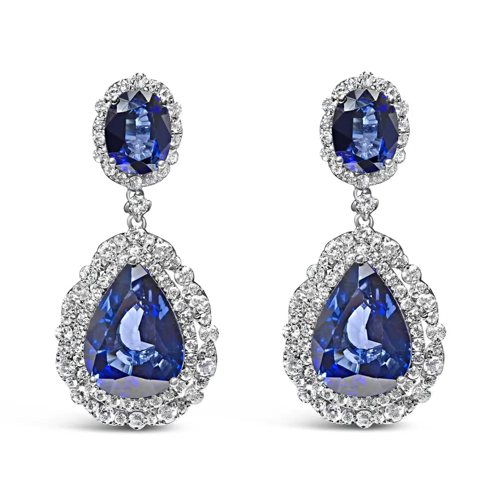 18k white gold blue sapphire and 2.75ctw diamond halo pear drop earrings bijoux-nyc direct