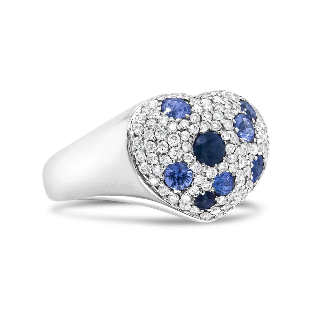 18K White Gold Blue Sapphire and 5/8 Cttw Diamond Cluster Heart Shaped Ring (F-G Color, VS1-VS2 Clarity) - Bijoux-NYC Direct