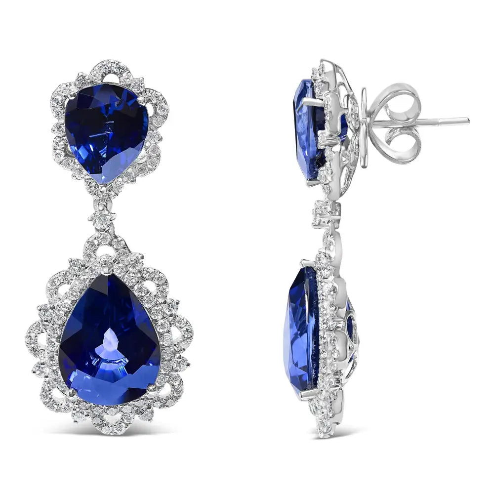 18k white gold pear blue sapphire and 2.00 cttw diamond halo drop earrings bijoux-nyc direct