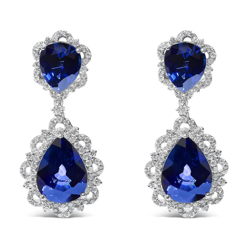 18K White Gold Blue Sapphire and Diamond 2.00 Cttw Diamond Halo Drop and Dangle Earring (G-H Color, SI1-SI2 Clarity) - Bijoux-NYC Direct