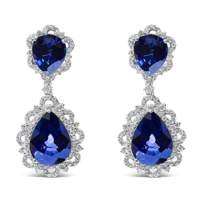 18K White Gold Blue Sapphire and Diamond 2.00 Cttw Diamond Halo Drop and Dangle Earring (G-H Color, SI1-SI2 Clarity) - Bijoux-NYC Direct