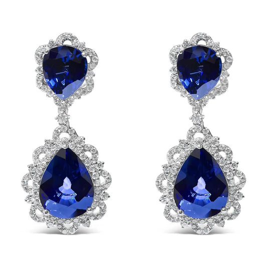 18K White Gold Blue Sapphire and Diamond 2.00 Cttw Diamond Halo Drop and Dangle Earring (G-H Color, SI1-SI2 Clarity) - Bijoux-NYC Direct