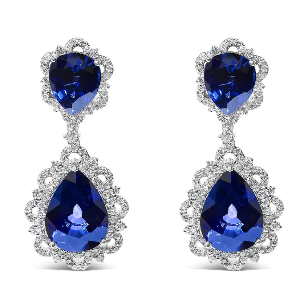 18k white gold pear blue sapphire and 2.00 cttw diamond halo drop earrings bijoux-nyc direct