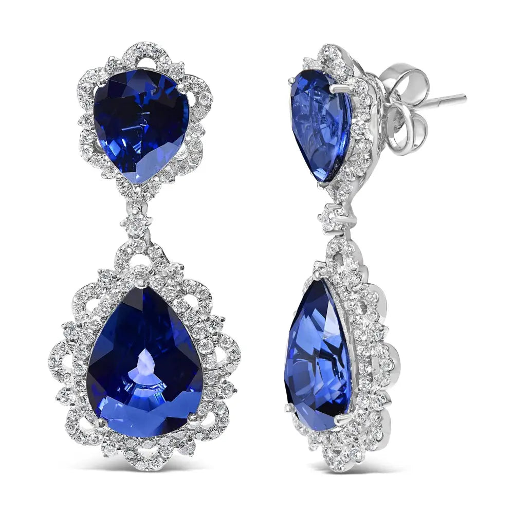 18k white gold pear blue sapphire and 2.00 cttw diamond halo drop earrings bijoux-nyc direct