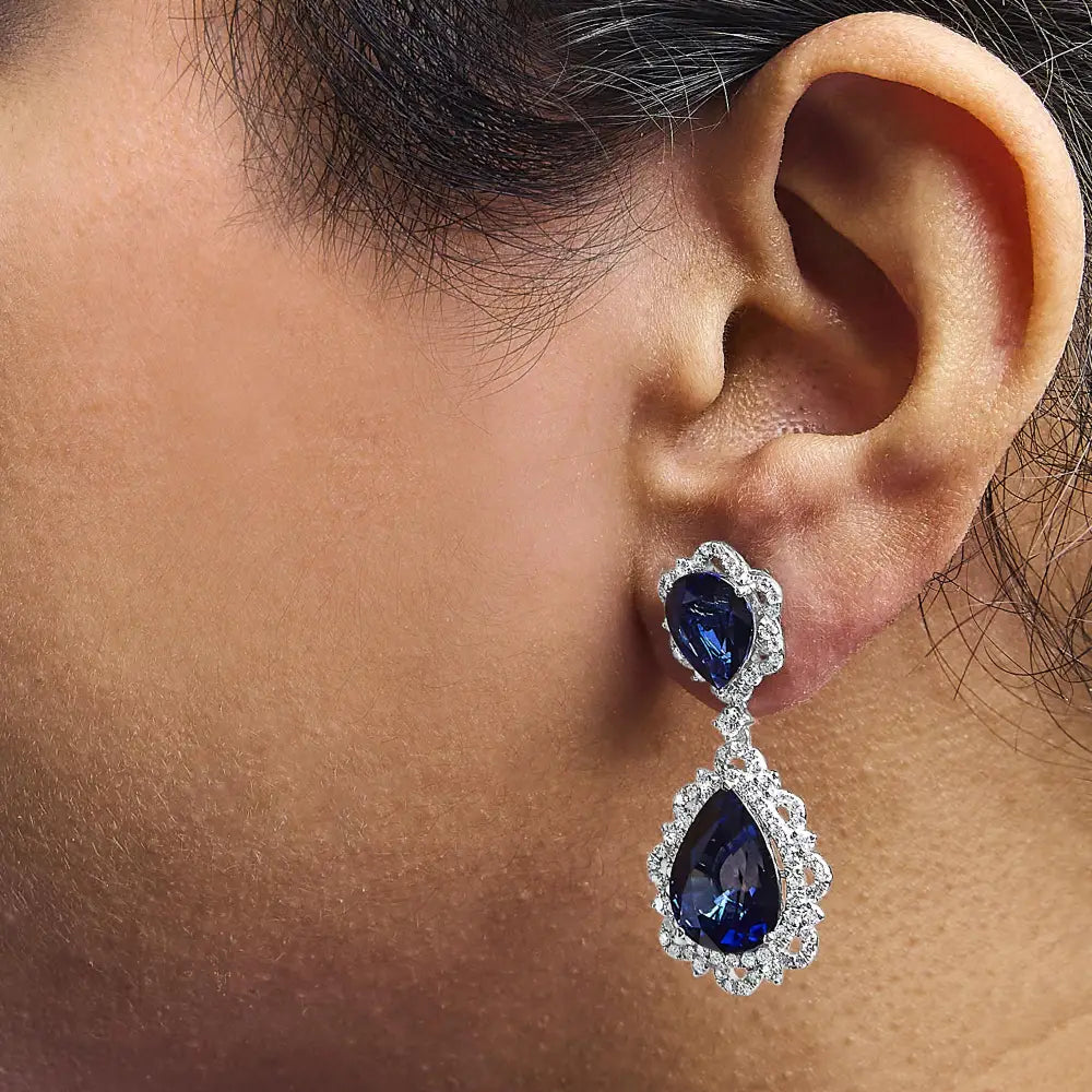 18k white gold pear blue sapphire and 2.00 cttw diamond halo drop earrings bijoux-nyc direct