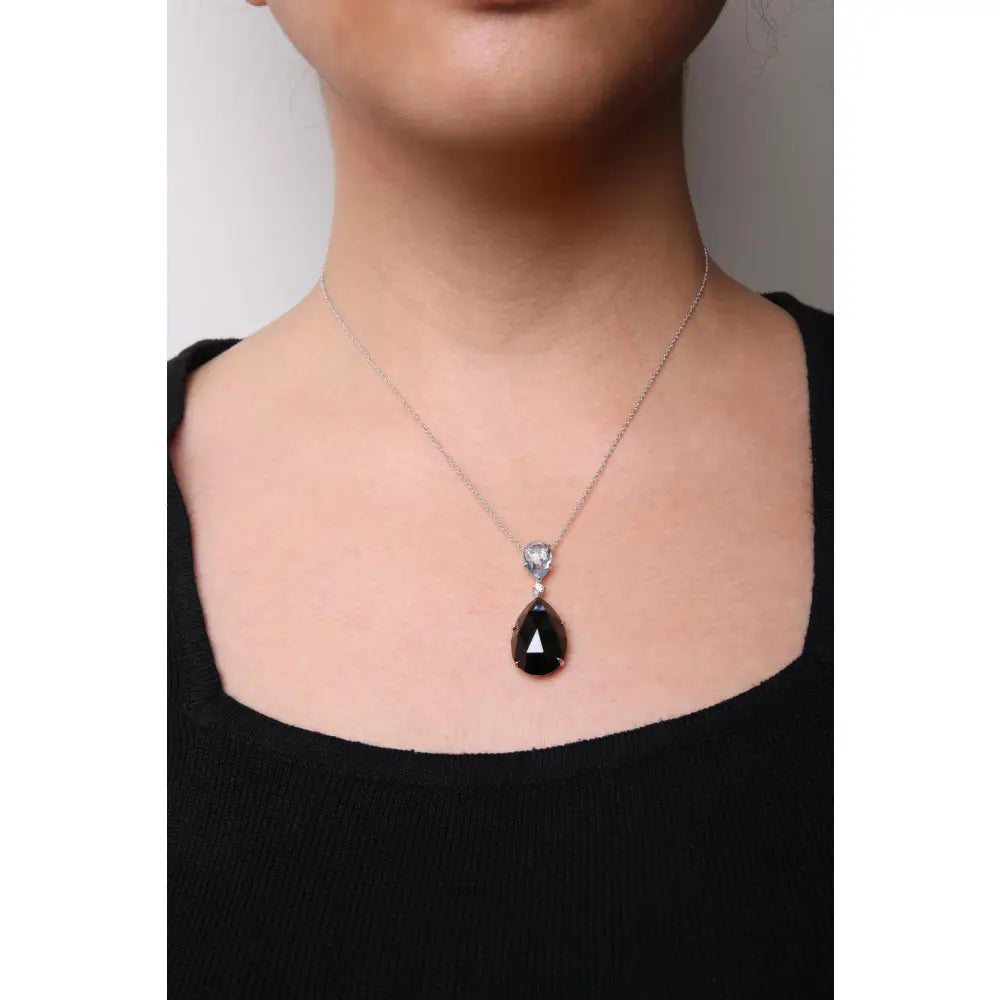 18k white gold black onyx and sky blue topaz diamond drop pendant necklace bijoux-nyc direct