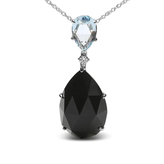 18K White Gold Diamond Accent and Pear Cut Sky Blue Topaz and Pear Cut Black Onyx Dangle Drop 18" Pendant Necklace (G-H Color, SI1-SI2 Clarity) - Bijoux-NYC Direct