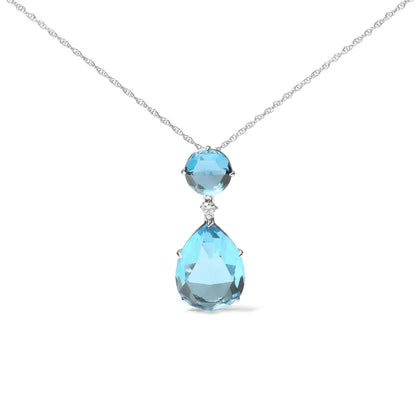 18K White Gold Diamond Accent and Round London Blue Topaz and Pear Cut Sky Blue Topaz Dangle Drop 18" Pendant Necklace (G-H Color, SI1-SI2 Clarity) - Bijoux-NYC Direct