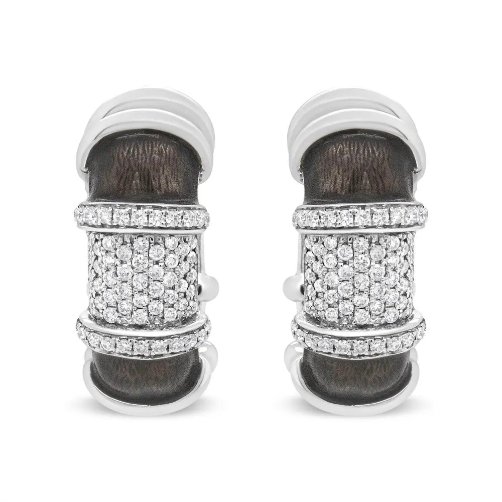18K White Gold Flash Plated .925 Sterling Silver Clear Graphite Grey Enamel 5/8 Cttw Round Diamonds Huggie Hoop Earrings (F-G Color, VS1-VS2 Clarity) - Bijoux-NYC Direct