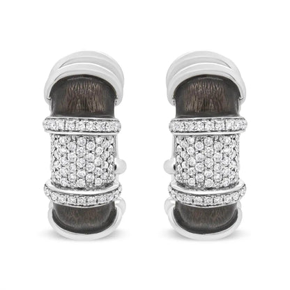 18K White Gold Flash Plated .925 Sterling Silver Clear Graphite Grey Enamel 5/8 Cttw Round Diamonds Huggie Hoop Earrings (F-G Color, VS1-VS2 Clarity) - Bijoux-NYC Direct