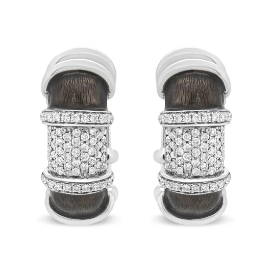 18K White Gold Flash Plated .925 Sterling Silver Clear Graphite Grey Enamel 5/8 Cttw Round Diamonds Huggie Hoop Earrings (F-G Color, VS1-VS2 Clarity) - Bijoux-NYC Direct
