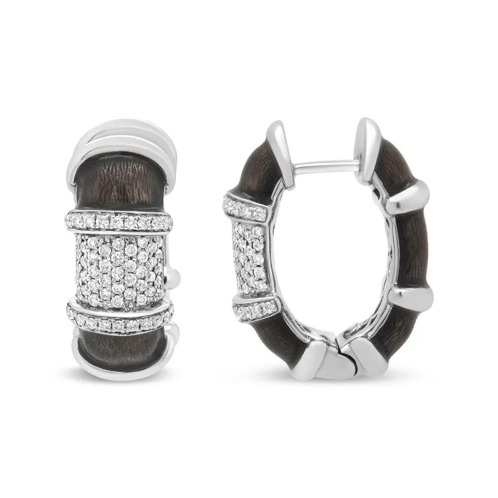 18K White Gold Flash Plated .925 Sterling Silver Clear Graphite Grey Enamel 5/8 Cttw Round Diamonds Huggie Hoop Earrings (F-G Color, VS1-VS2 Clarity) - Bijoux-NYC Direct
