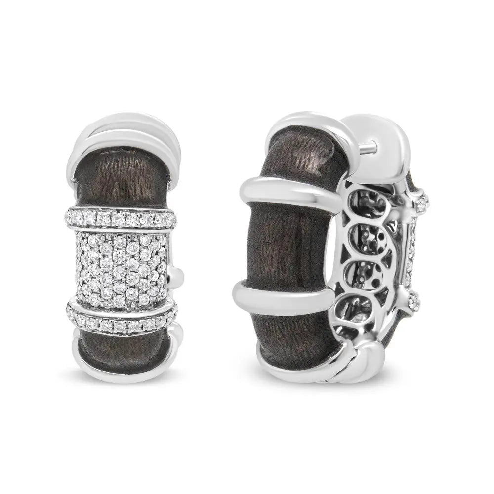 18K White Gold Flash Plated .925 Sterling Silver Clear Graphite Grey Enamel 5/8 Cttw Round Diamonds Huggie Hoop Earrings (F-G Color, VS1-VS2 Clarity) - Bijoux-NYC Direct