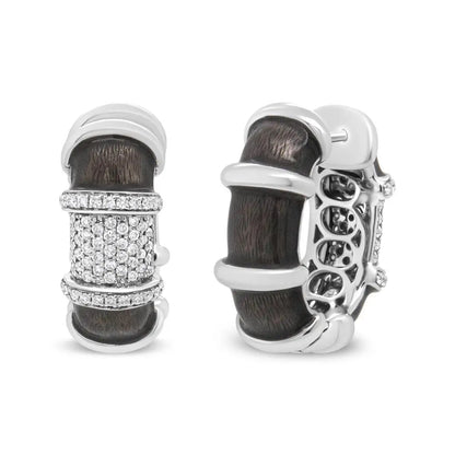 18K White Gold Flash Plated .925 Sterling Silver Clear Graphite Grey Enamel 5/8 Cttw Round Diamonds Huggie Hoop Earrings (F-G Color, VS1-VS2 Clarity) - Bijoux-NYC Direct