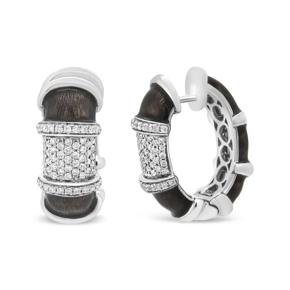 18K White Gold Flash Plated .925 Sterling Silver Clear Graphite Grey Enamel 5/8 Cttw Round Diamonds Huggie Hoop Earrings (F-G Color, VS1-VS2 Clarity) - Bijoux-NYC Direct