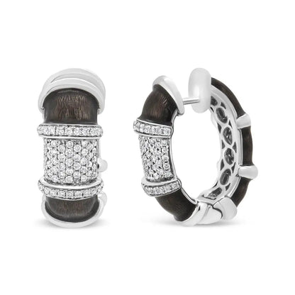 18K White Gold Flash Plated .925 Sterling Silver Clear Graphite Grey Enamel 5/8 Cttw Round Diamonds Huggie Hoop Earrings (F-G Color, VS1-VS2 Clarity) - Bijoux-NYC Direct