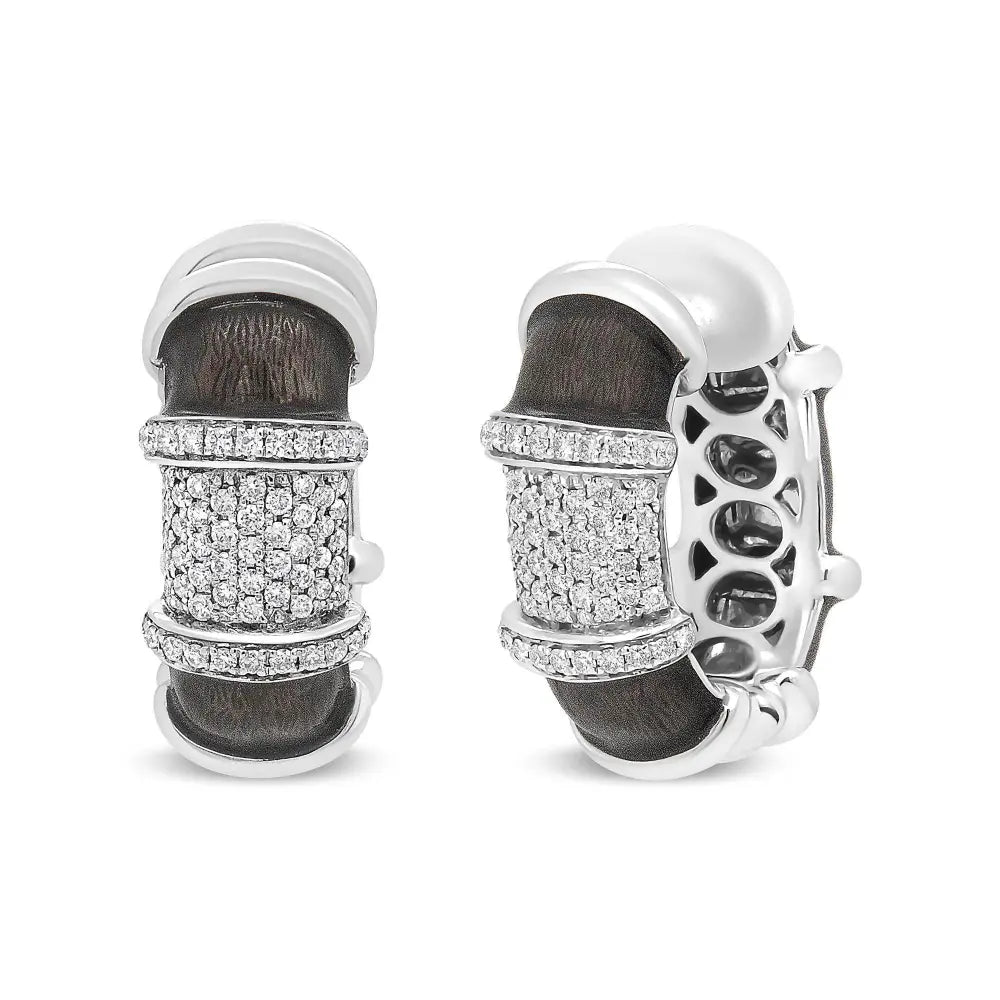 18K White Gold Flash Plated .925 Sterling Silver Clear Graphite Grey Enamel 5/8 Cttw Round Diamonds Huggie Hoop Earrings (F-G Color, VS1-VS2 Clarity) - Bijoux-NYC Direct