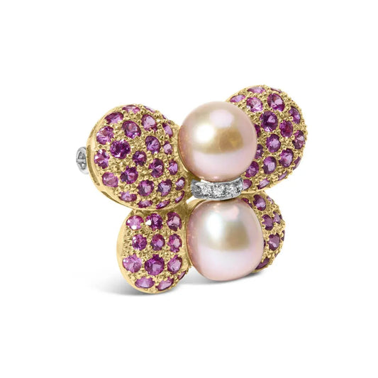 18K Yellow and White Gold 9MM South Sea Pearl and Pink Sapphire Butterfly Pin Brooch with Diamond Accent (F-G Color, VS1-VS2 Clarity) - Bijoux-NYC Direct