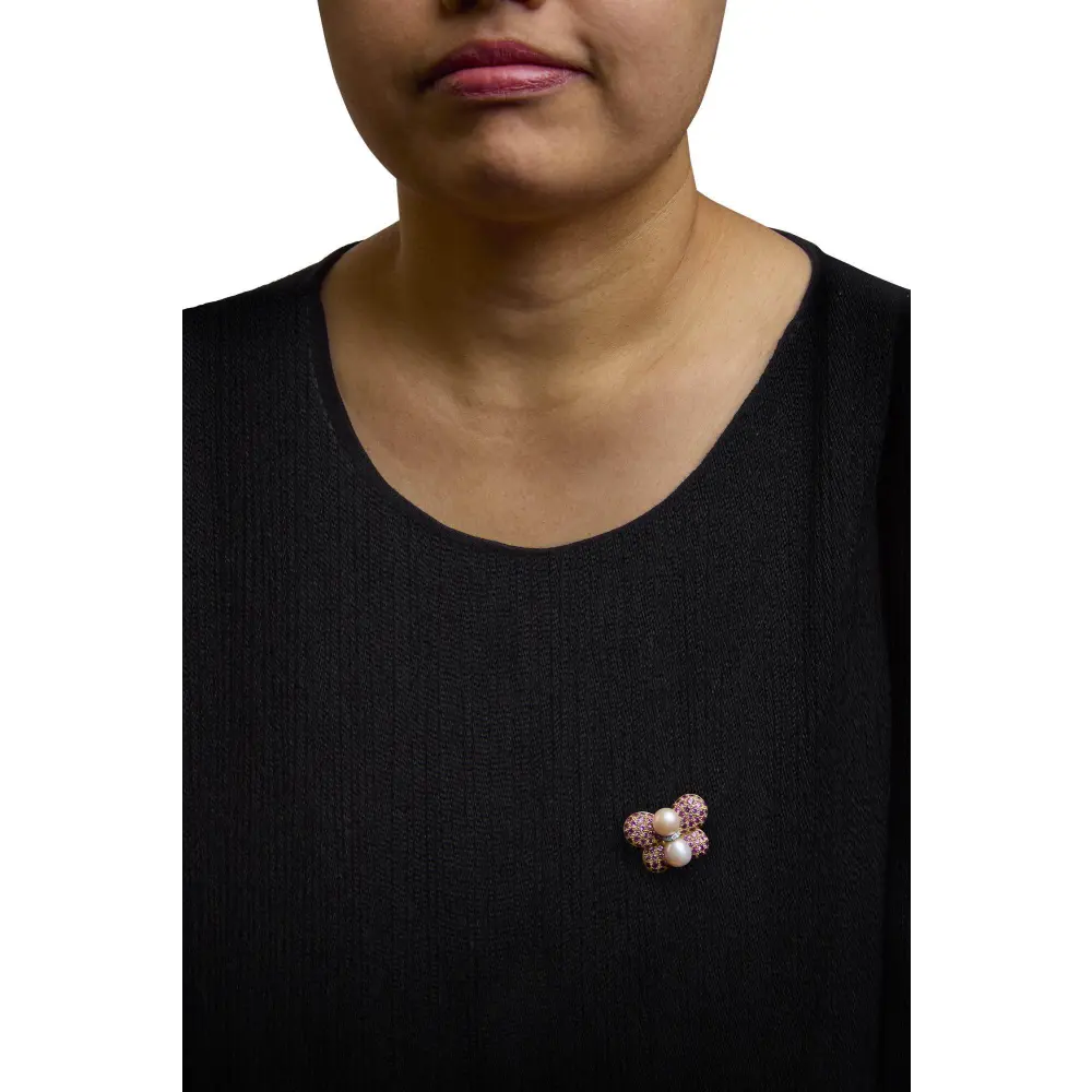 18K Yellow and White Gold 9MM South Sea Pearl and Pink Sapphire Butterfly Pin Brooch with Diamond Accent (F-G Color, VS1-VS2 Clarity) - Bijoux-NYC Direct