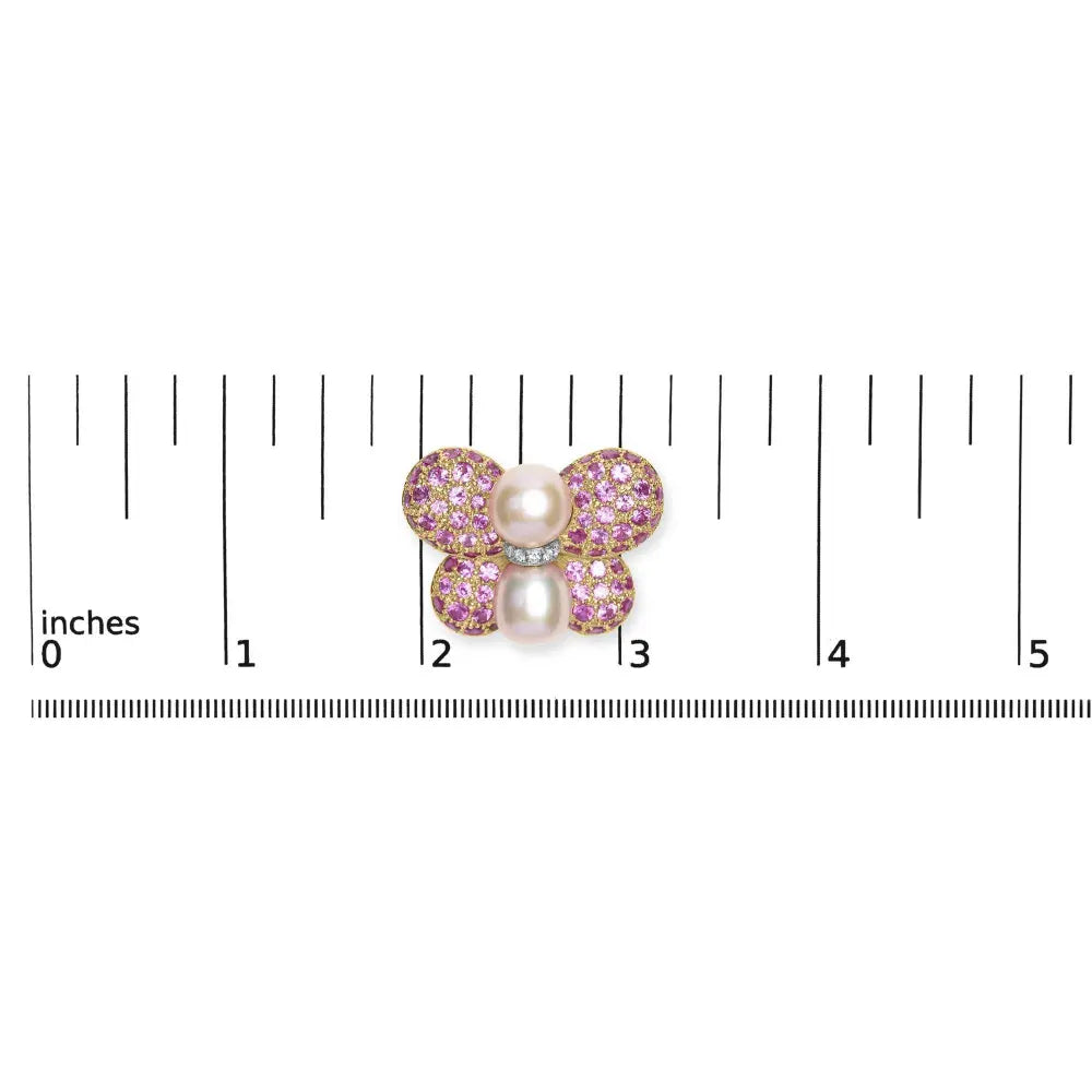 18K Yellow and White Gold 9MM South Sea Pearl and Pink Sapphire Butterfly Pin Brooch with Diamond Accent (F-G Color, VS1-VS2 Clarity) - Bijoux-NYC Direct