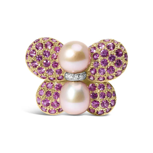 18K Yellow and White Gold 9MM South Sea Pearl and Pink Sapphire Butterfly Pin Brooch with Diamond Accent (F-G Color, VS1-VS2 Clarity) - Bijoux-NYC Direct