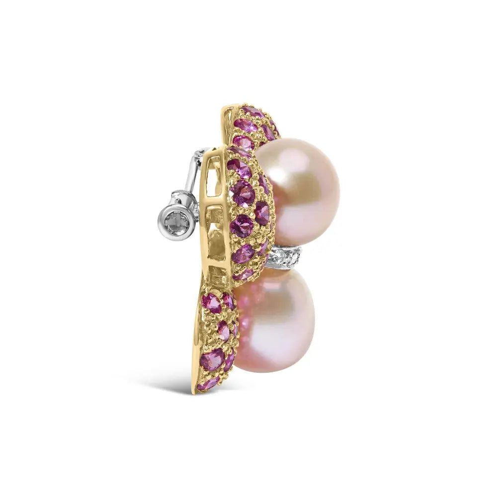 18K Yellow and White Gold 9MM South Sea Pearl and Pink Sapphire Butterfly Pin Brooch with Diamond Accent (F-G Color, VS1-VS2 Clarity) - Bijoux-NYC Direct
