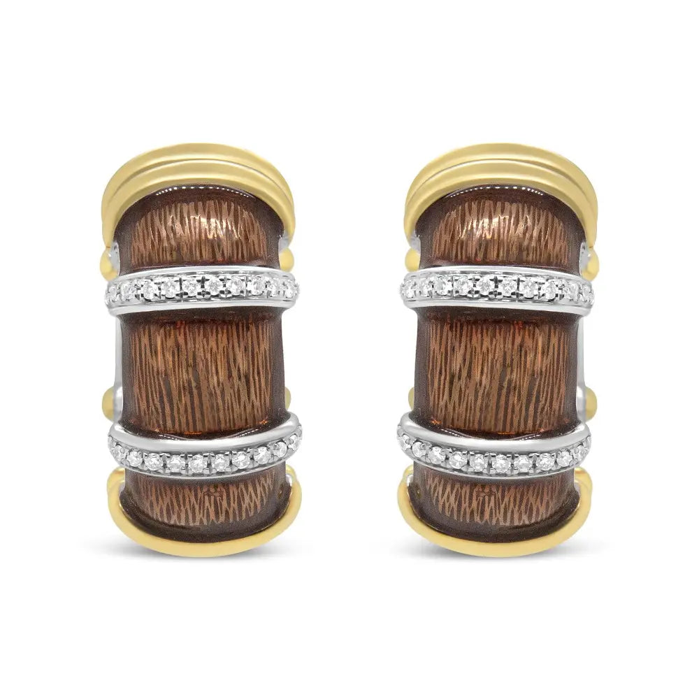 Two-tone 18k gold plated.925 silver brown enamel 9/10 cttw diamond huggies bijoux-nyc direct