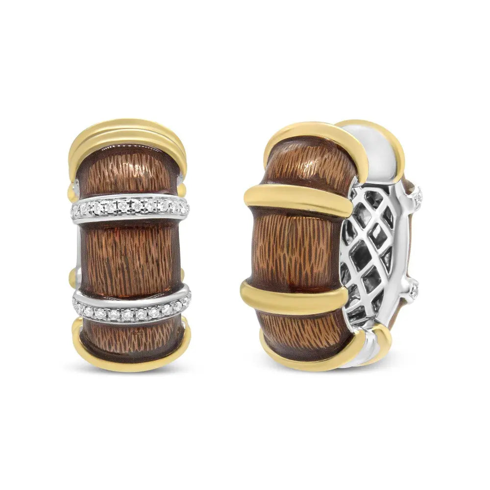 18K Yellow and White Gold Flash Plated .925 Sterling Silver Clear Brown Enamel 9/10 Cttw Round Diamonds Huggie Hoop Earrings (F-G Color, VS1-VS2 Clarity) - Bijoux-NYC Direct
