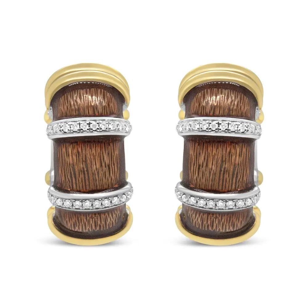 18K Yellow and White Gold Flash Plated .925 Sterling Silver Clear Brown Enamel 9/10 Cttw Round Diamonds Huggie Hoop Earrings (F-G Color, VS1-VS2 Clarity) - Bijoux-NYC Direct