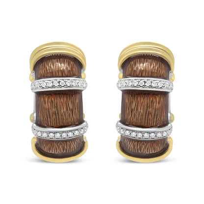 18K Yellow and White Gold Flash Plated .925 Sterling Silver Clear Brown Enamel 9/10 Cttw Round Diamonds Huggie Hoop Earrings (F-G Color, VS1-VS2 Clarity) - Bijoux-NYC Direct
