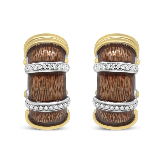 18K Yellow and White Gold Flash Plated .925 Sterling Silver Clear Brown Enamel 9/10 Cttw Round Diamonds Huggie Hoop Earrings (F-G Color, VS1-VS2 Clarity) - Bijoux-NYC Direct