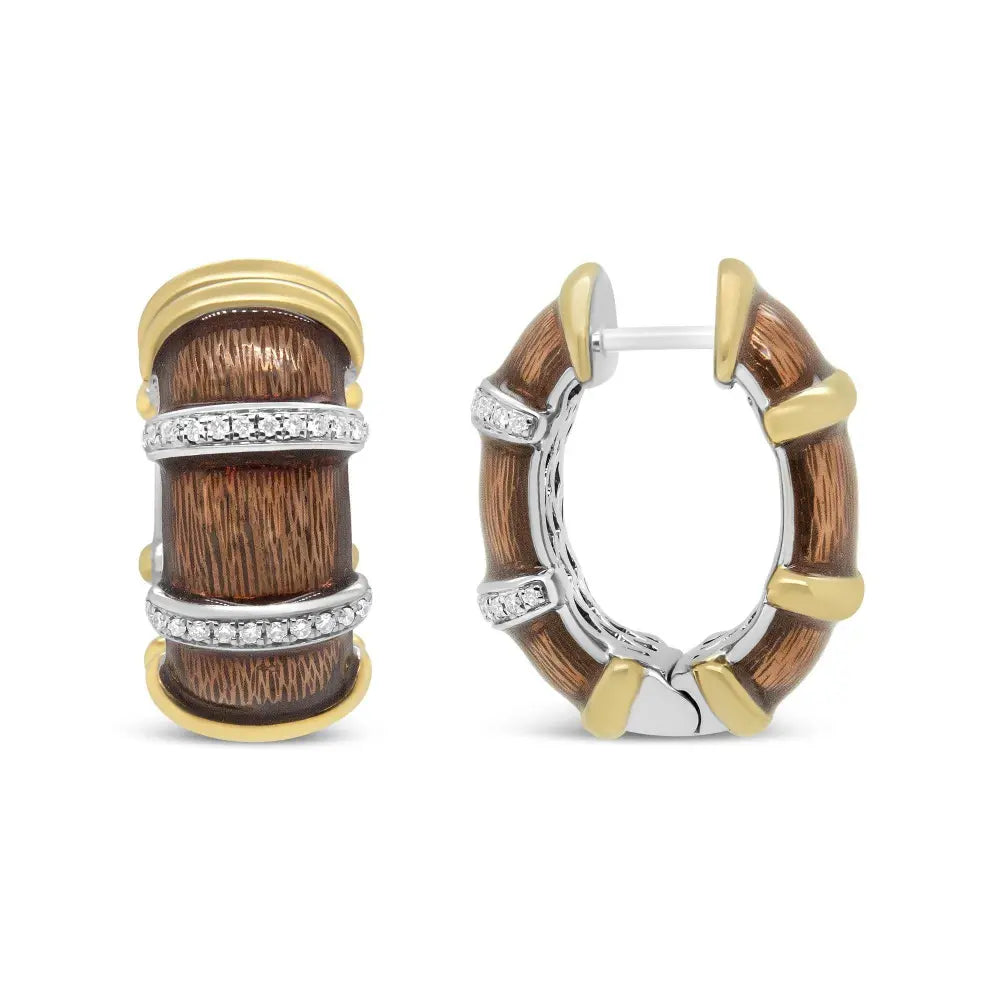 18K Yellow and White Gold Flash Plated .925 Sterling Silver Clear Brown Enamel 9/10 Cttw Round Diamonds Huggie Hoop Earrings (F-G Color, VS1-VS2 Clarity) - Bijoux-NYC Direct