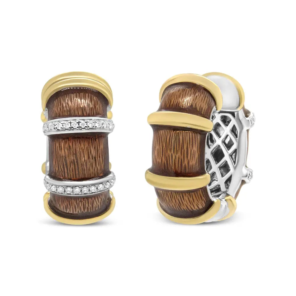 Two-tone 18k gold plated.925 silver brown enamel 9/10 cttw diamond huggies bijoux-nyc direct