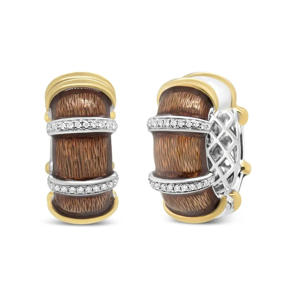 18K Yellow and White Gold Flash Plated .925 Sterling Silver Clear Brown Enamel 9/10 Cttw Round Diamonds Huggie Hoop Earrings (F-G Color, VS1-VS2 Clarity) - Bijoux-NYC Direct