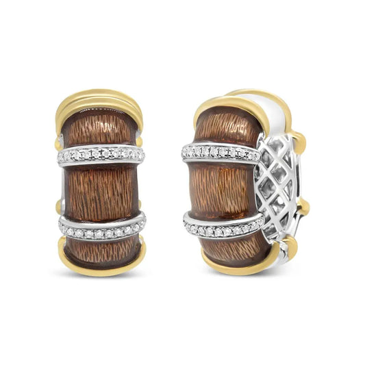 18K Yellow and White Gold Flash Plated .925 Sterling Silver Clear Brown Enamel 9/10 Cttw Round Diamonds Huggie Hoop Earrings (F-G Color, VS1-VS2 Clarity) - Bijoux-NYC Direct