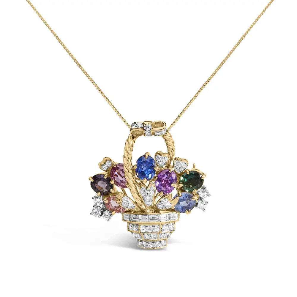 18K Yellow Gold 1 1/10 Cttw Diamond and Mixed Gemstone Floral Bouquet Pendant and Brooch Pin (G-H Color, VS1-VS2 Clarity) - Bijoux-NYC Direct