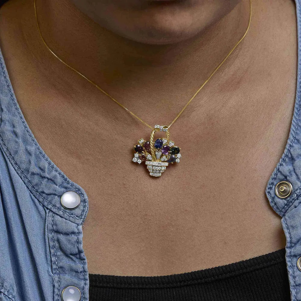 18K Yellow Gold 1 1/10 Cttw Diamond and Mixed Gemstone Floral Bouquet Pendant and Brooch Pin (G-H Color, VS1-VS2 Clarity) - Bijoux-NYC Direct
