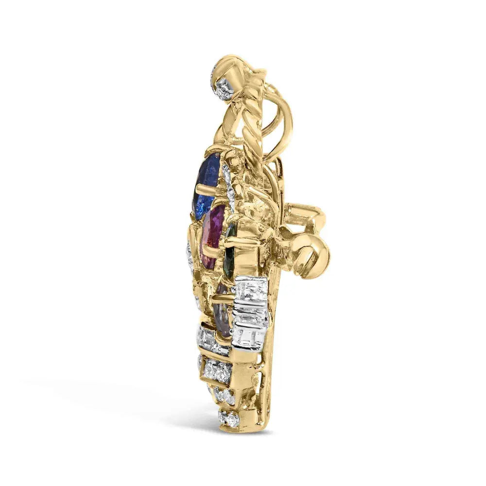 18K Yellow Gold 1 1/10 Cttw Diamond and Mixed Gemstone Floral Bouquet Pendant and Brooch Pin (G-H Color, VS1-VS2 Clarity) - Bijoux-NYC Direct