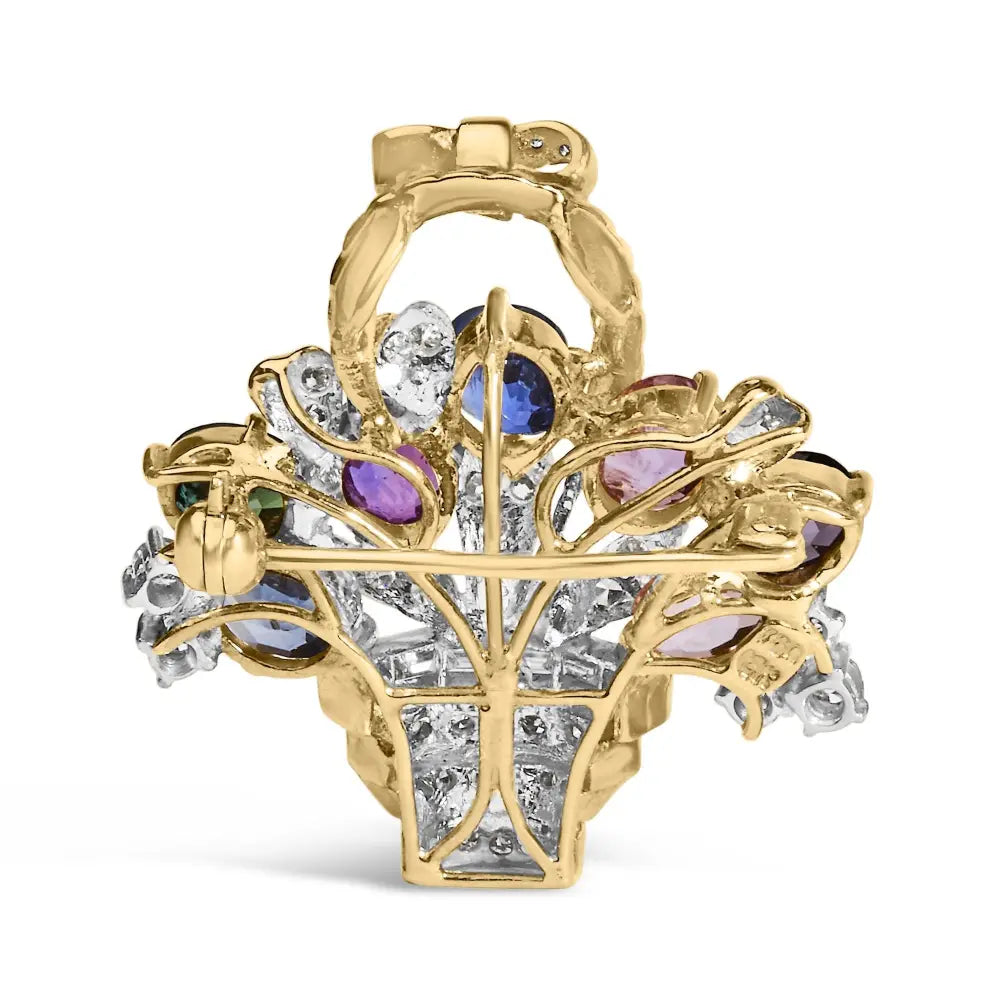18k yellow gold 1.10ct diamond and gemstone floral bouquet brooch pendant bijoux-nyc direct