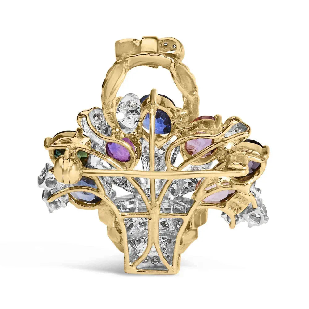 18K Yellow Gold 1 1/10 Cttw Diamond and Mixed Gemstone Floral Bouquet Pendant and Brooch Pin (G-H Color, VS1-VS2 Clarity) - Bijoux-NYC Direct
