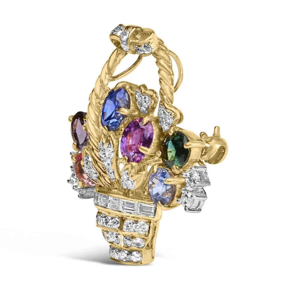 18K Yellow Gold 1 1/10 Cttw Diamond and Mixed Gemstone Floral Bouquet Pendant and Brooch Pin (G-H Color, VS1-VS2 Clarity) - Bijoux-NYC Direct